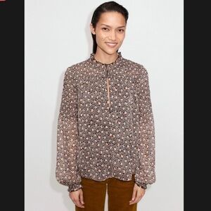 ME+EM Floral Smocked Keyhole Blouse Black Multi Lined size 10